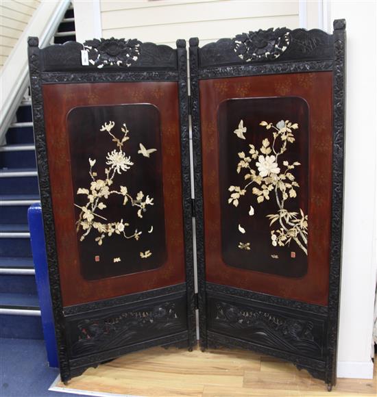 A Japanese shibayama style inlaid lacquer two fold screen, late 19th century, height 183cm width 166cm